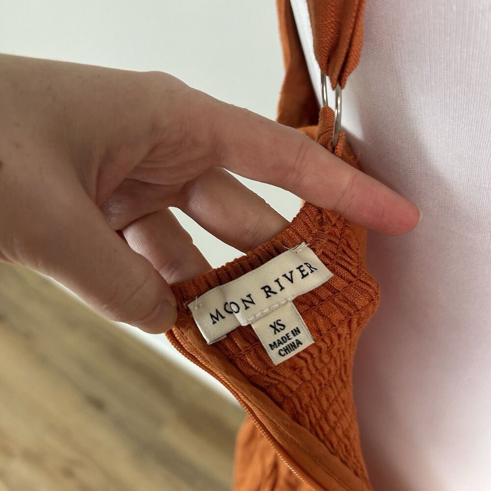 Moon River XS Midi Dress Orange Linen Eyelet Basque Waist Sleeveless Cottage - Picture 6 of 6
